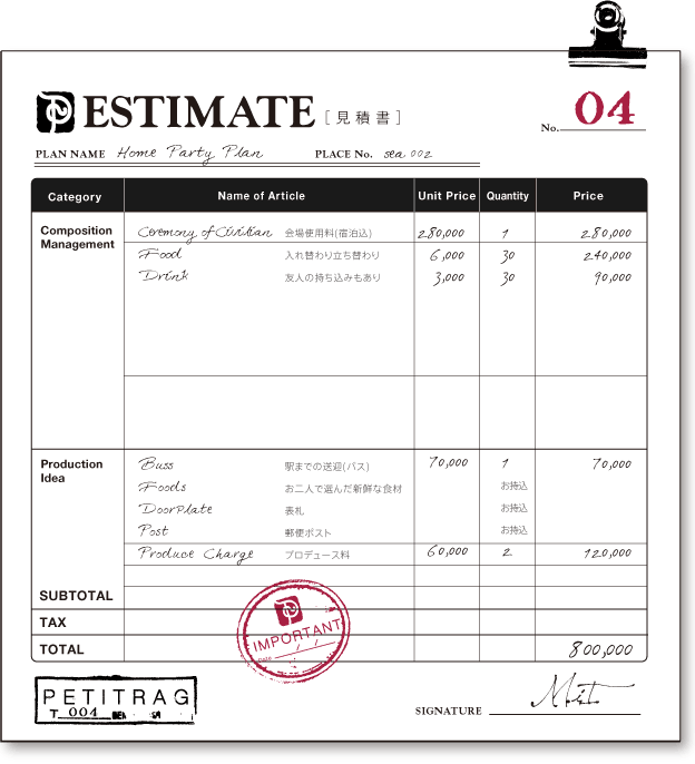 ホームパーティーウェディング タイムテーブルと見積書 こだわりウェディング結婚式プロデュースのプチラグ